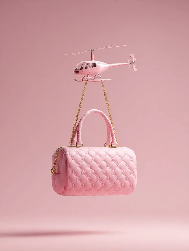 A pink quilted handbag is suspended in mid-air by a gold chain attached to a miniature pink helicopter against a pale pink background.  The scene is surreal and stylish, suggesting luxury and playful extravagance. The color palette is monochromatic, emphasizing the soft, feminine aesthetic.