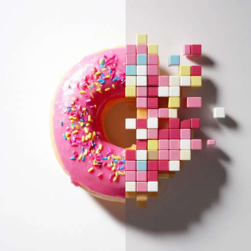 Half a pink donut, generously sprinkled with colorful sprinkles, is depicted. The other half is creatively represented by an array of small, pastel-colored cubic blocks, mimicking a pixelated digital disintegration of the sweet treat.  The image presents a striking contrast between the tangible and digital realms, suggesting themes of transformation or the digital representation of physical objects.