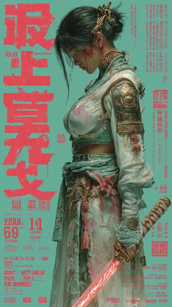 A stylized poster features a woman, possibly a warrior, in ornate, traditional Asian-inspired clothing.  She is wounded, with blood on her face and attire.  A katana, glowing red, is prominently displayed. The background is teal, contrasting with bold red Chinese characters and smaller text detailing credits and dates.  The overall aesthetic blends fantasy with a gritty, realistic style.