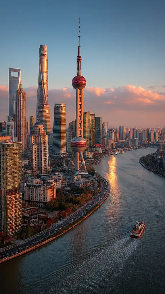 A breathtaking sunset view of Shanghai's skyline, showcasing the iconic Oriental Pearl Tower and the city's modern skyscrapers.  The Huangpu River curves gracefully through the cityscape, reflecting the golden light. A lone vessel glides peacefully along the water, adding a touch of serenity to the bustling urban scene.  The image captures a harmonious blend of nature and urban development.