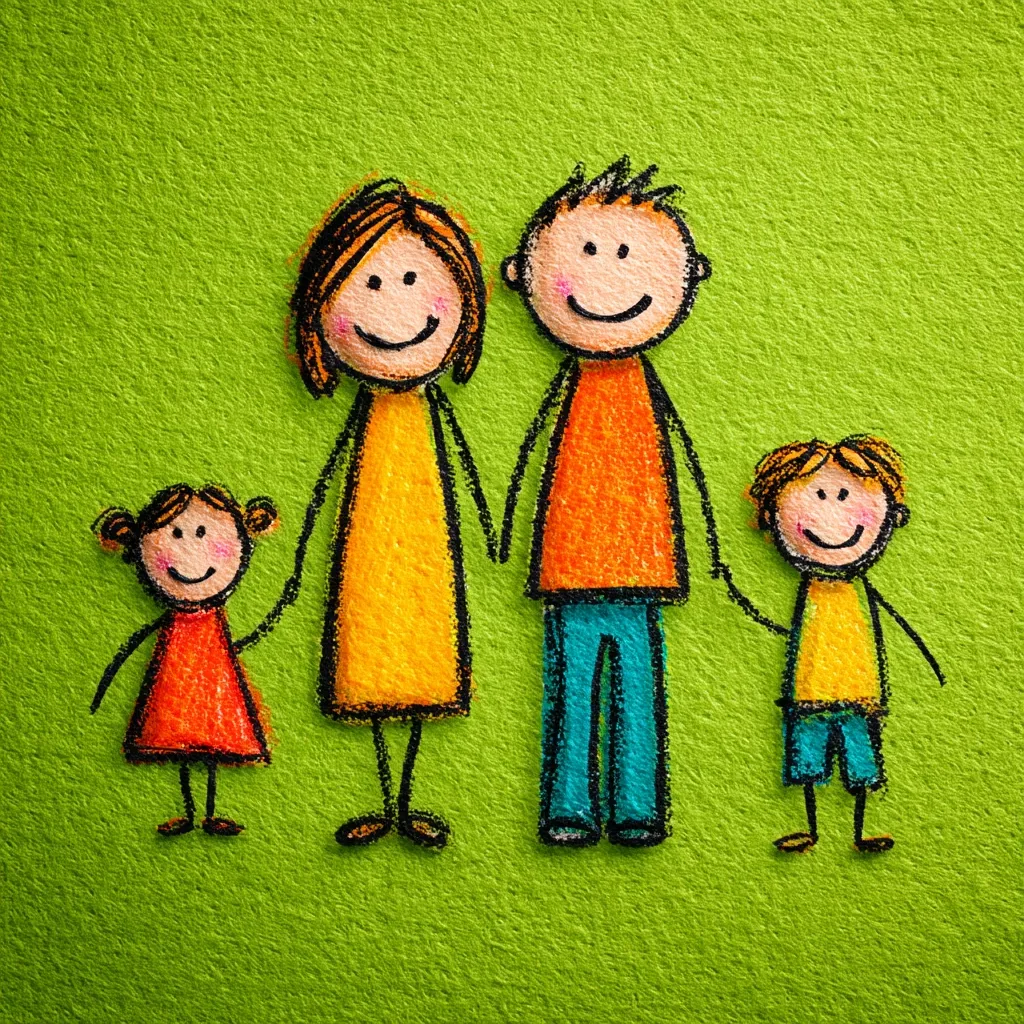 A crayon drawing of a happy family on a green background.  The parents, a mom and dad, are holding hands with their two children, a girl and a boy.  All family members have simple, smiling faces and brightly colored clothes. The style is childlike and cheerful, depicting a classic nuclear family.