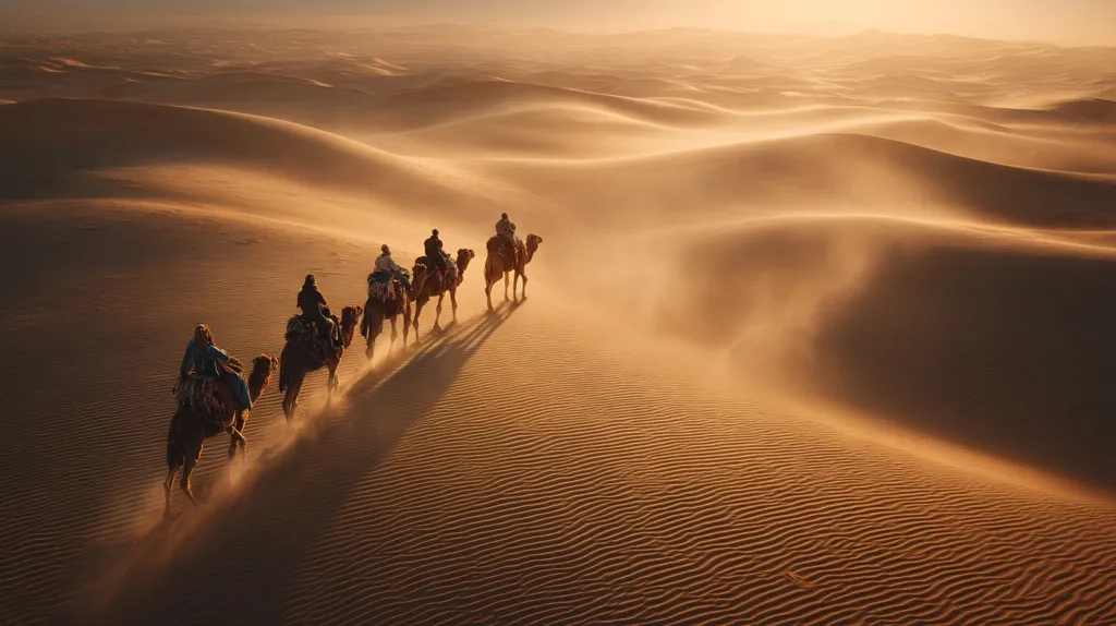 A caravan of five camels, each carrying a rider, traverses a vast, undulating desert landscape under a setting sun.  The sand is a rich, golden-brown, sculpted by the wind into rolling dunes.  A light dust devil swirls around the camels, emphasizing the harsh beauty and isolation of the scene.  The long shadows cast by the animals add depth to the image.