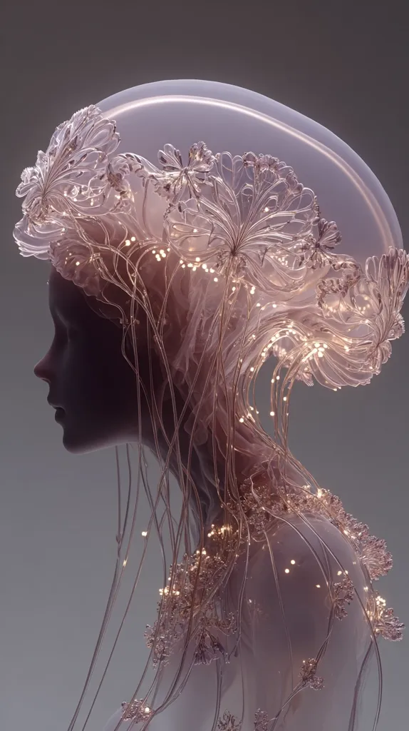 A digital art piece depicts a delicate, ethereal female figure.  Her head and upper body are adorned with a translucent, jellyfish-like structure, intricately detailed with glowing, floral-like accents.  The overall aesthetic is one of soft, otherworldly beauty, with a pale pink and mauve color palette.  The image evokes a sense of grace and fragility.
