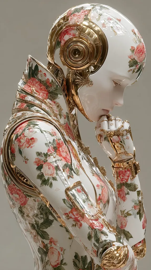 A close-up reveals a meticulously crafted robotic figure, its porcelain-like surface adorned with a delicate floral pattern in shades of pink and green.  Gold accents highlight the intricate details of its mechanical structure, creating a striking juxtaposition of technology and nature. The robot is depicted in a contemplative pose, its hand resting on its chin, evoking a sense of thoughtful introspection.