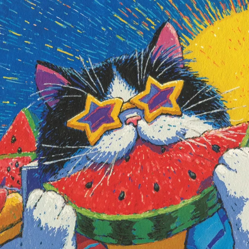 A tuxedo cat, sporting star-shaped sunglasses, enjoys a large slice of watermelon under a bright sun.  The vibrant, stylized painting uses bold colors and expressive brushstrokes.  Additional watermelon slices are visible nearby, suggesting a summery, playful scene. The cat's expression is one of contented enjoyment.