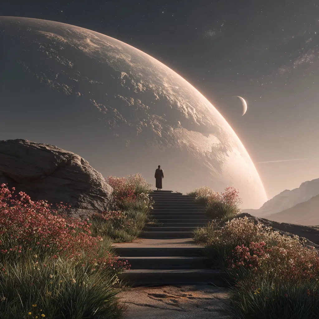 A solitary figure stands at the top of a stone staircase, gazing at an immense, pale planet dominating the sky.  Wildflowers bloom around the path, contrasting with the stark, rocky landscape. A crescent moon hangs in the distance, adding to the ethereal, dreamlike quality of the scene.  The overall feeling is one of peaceful contemplation and vast, cosmic wonder.