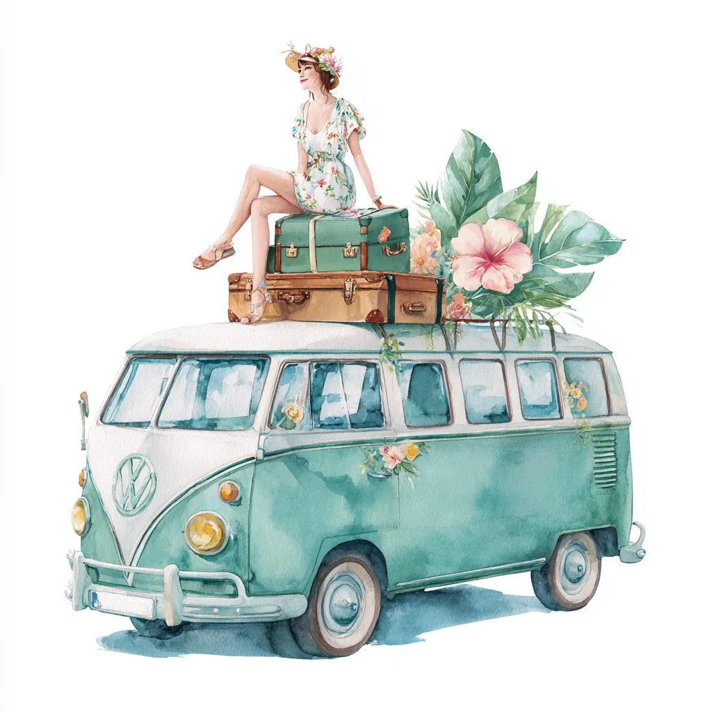 A watercolor painting depicts a stylish woman in a floral dress and straw hat sitting atop vintage suitcases on the roof of a teal Volkswagen van.  Tropical flowers and foliage adorn the van.  The scene evokes a sense of carefree adventure and summer travel, with a whimsical, romantic feel. The van is detailed, showing its classic design.
