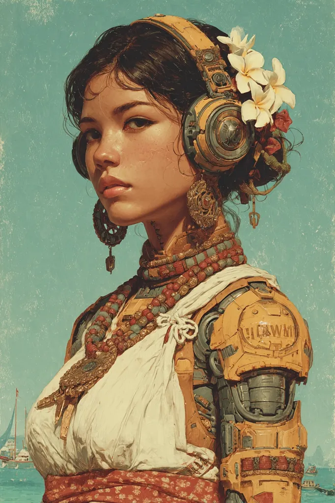 A stylized portrait of a woman, possibly a cyborg, adorned with ornate jewelry and flowers in her hair.  She wears steampunk-inspired headphones and a partially robotic arm, contrasting futuristic elements with traditional clothing.  The artistic style blends realism with a vintage, slightly faded aesthetic, creating a captivating blend of past and future. The background hints at a seaside setting.