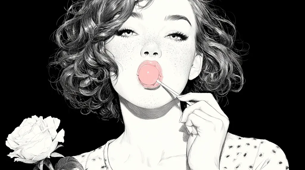 A black and white illustration showcases a woman with curly hair, freckles, and expressive eyes.  She playfully holds a pink lollipop between her lips, her hand delicately grasping the stick. A single rose is partially visible at the image's edge.  The style is reminiscent of a fashion sketch, emphasizing the model's features and a sense of youthful charm. The contrast between the dark background and the light figure creates a striking visual effect.