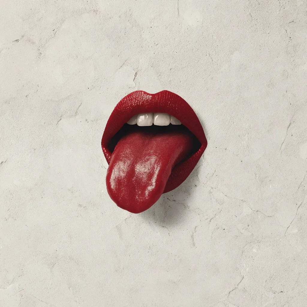 A close-up shot features a woman's mouth with bright red lipstick. Her tongue is sticking out, also coated in red. The mouth is set against a textured, off-white background that resembles a wall. The image is bold and striking, possibly suggesting themes of defiance, playfulness, or sexuality.  The contrast between the red and the neutral background draws attention to the mouth.