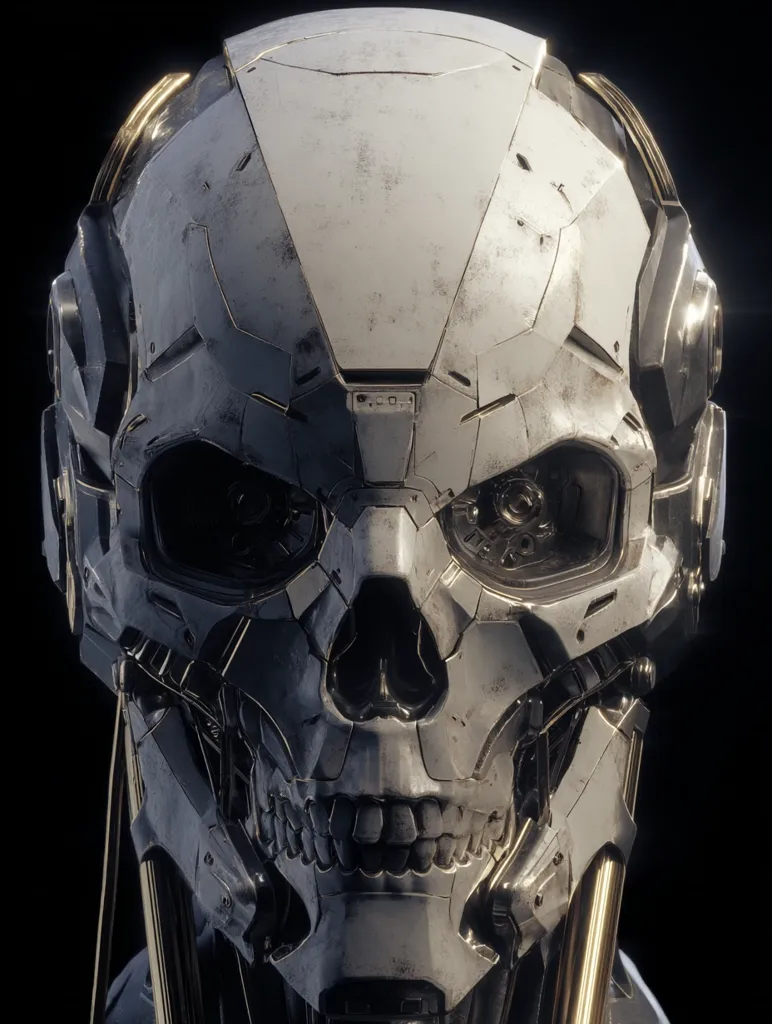 A detailed close-up reveals a robotic skull, meticulously crafted with a weathered, off-white metallic finish.  Intricate mechanical details are visible, suggesting internal workings.  Gold accents along the sides add a touch of elegance to the otherwise grim aesthetic. The skull's design blends seamlessly with the robotic elements, creating a striking and futuristic image.