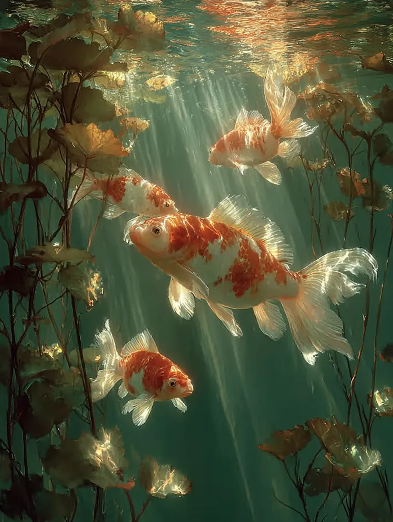 Four vibrant Koi fish swim gracefully in a serene underwater scene. Sunlight streams through the water, illuminating the fish and the lush green aquatic plants surrounding them. The Koi's orange and white scales shimmer, creating a captivating contrast against the tranquil backdrop.  The image evokes a sense of peace and tranquility.