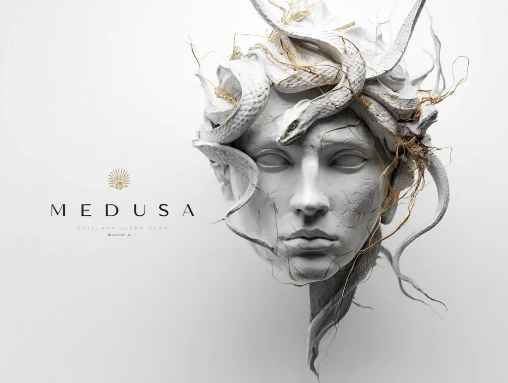 A striking monochrome artwork depicts Medusa, her face sculpted in a weathered, realistic style.  Serpents, rendered with textured detail, intertwine within her hair, forming a crown.  The overall aesthetic is one of refined elegance and haunting beauty, suggestive of classical mythology.  The word "MEDUSA" is prominently displayed below, alongside smaller text providing additional context.