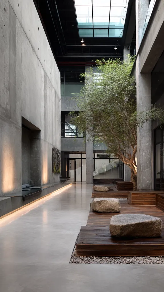 A modern interior atrium features a minimalist design with exposed concrete walls and a glass skylight. A large tree is centered in the space, providing a natural element.  Wooden platforms with large stones serve as seating, creating a serene atmosphere. The polished concrete floor reflects soft lighting, enhancing the clean lines and tranquil ambiance.  The overall aesthetic is sophisticated and calming.