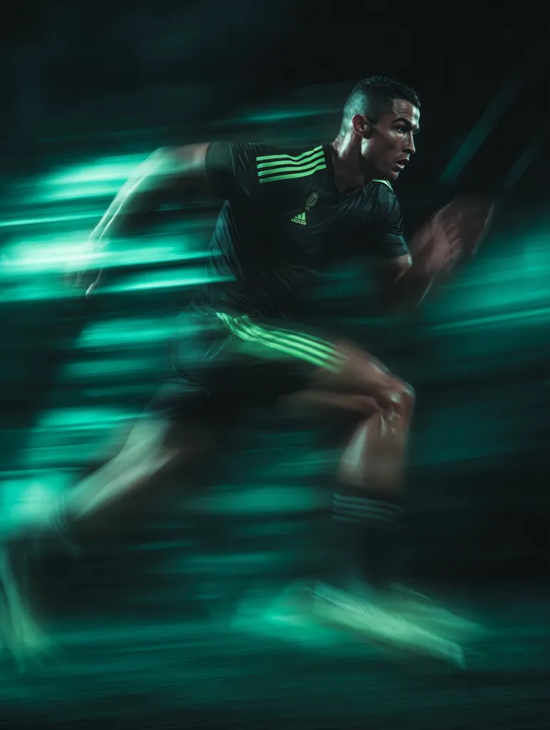 Cristiano Ronaldo, in an Adidas jersey, is depicted in a dynamic motion blur.  The teal and green streaks highlight his speed and power as he runs, his focused expression visible despite the blurred background.  The image evokes a sense of intense athleticism and energy.  The dark setting and vibrant streaks create a striking visual effect.