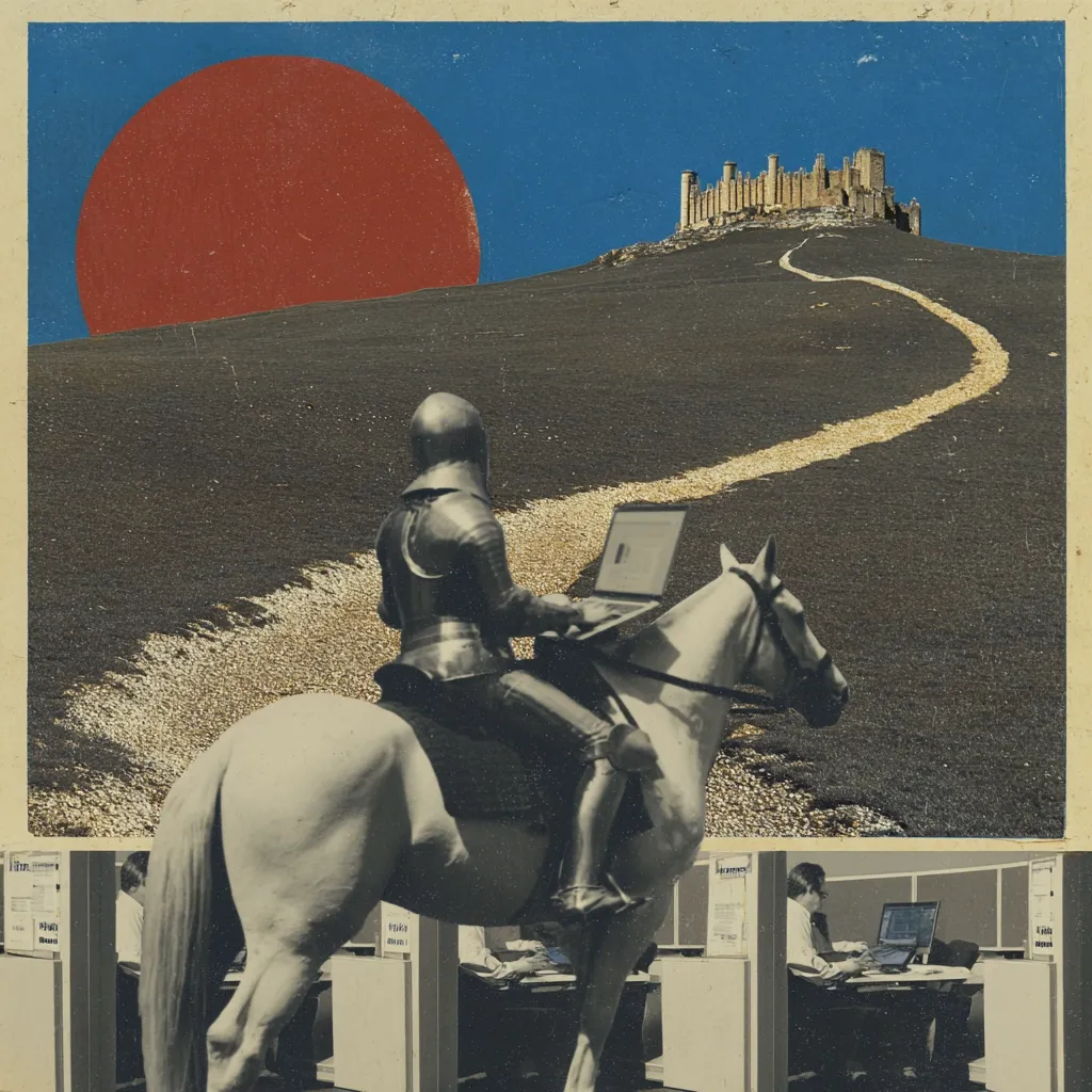 A surreal collage depicts a knight in full armor astride a horse, working on a laptop.  They journey along a winding path towards a distant castle under a large red sun.  The lower portion shows a modern office scene, juxtaposing the medieval knight with contemporary office workers.  The image suggests a blend of the past and present, possibly commenting on the challenges of modern work life.