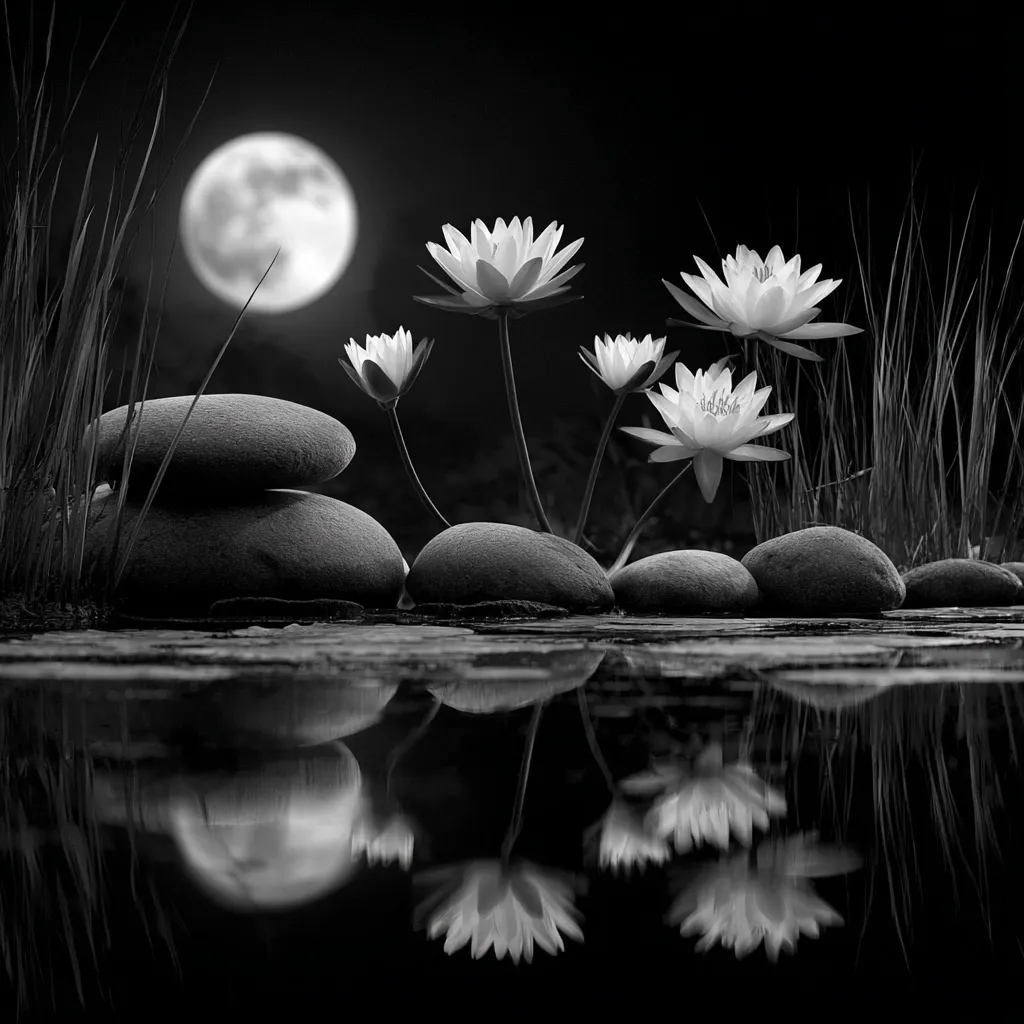 A serene black and white image depicts water lilies in full bloom beside a tranquil pond.  Three smooth stones are stacked, creating a Zen-like atmosphere.  The scene is illuminated by a large, bright moon in the background, casting reflections on the still water.  Tall grasses frame the composition, enhancing the peaceful and meditative mood.