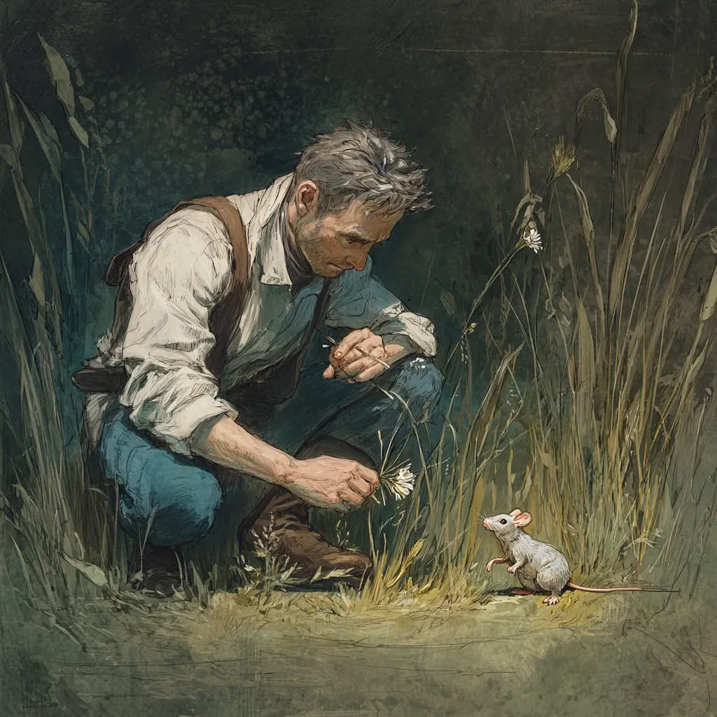 A man in a light-colored shirt and dark trousers kneels in tall grass, carefully examining a small white flower.  He appears thoughtful and gentle. A small, light-colored mouse sits attentively a short distance away, observing him.  The scene is painted in muted earth tones, creating a peaceful yet slightly mysterious atmosphere. The overall style suggests a blend of realism and fantasy.