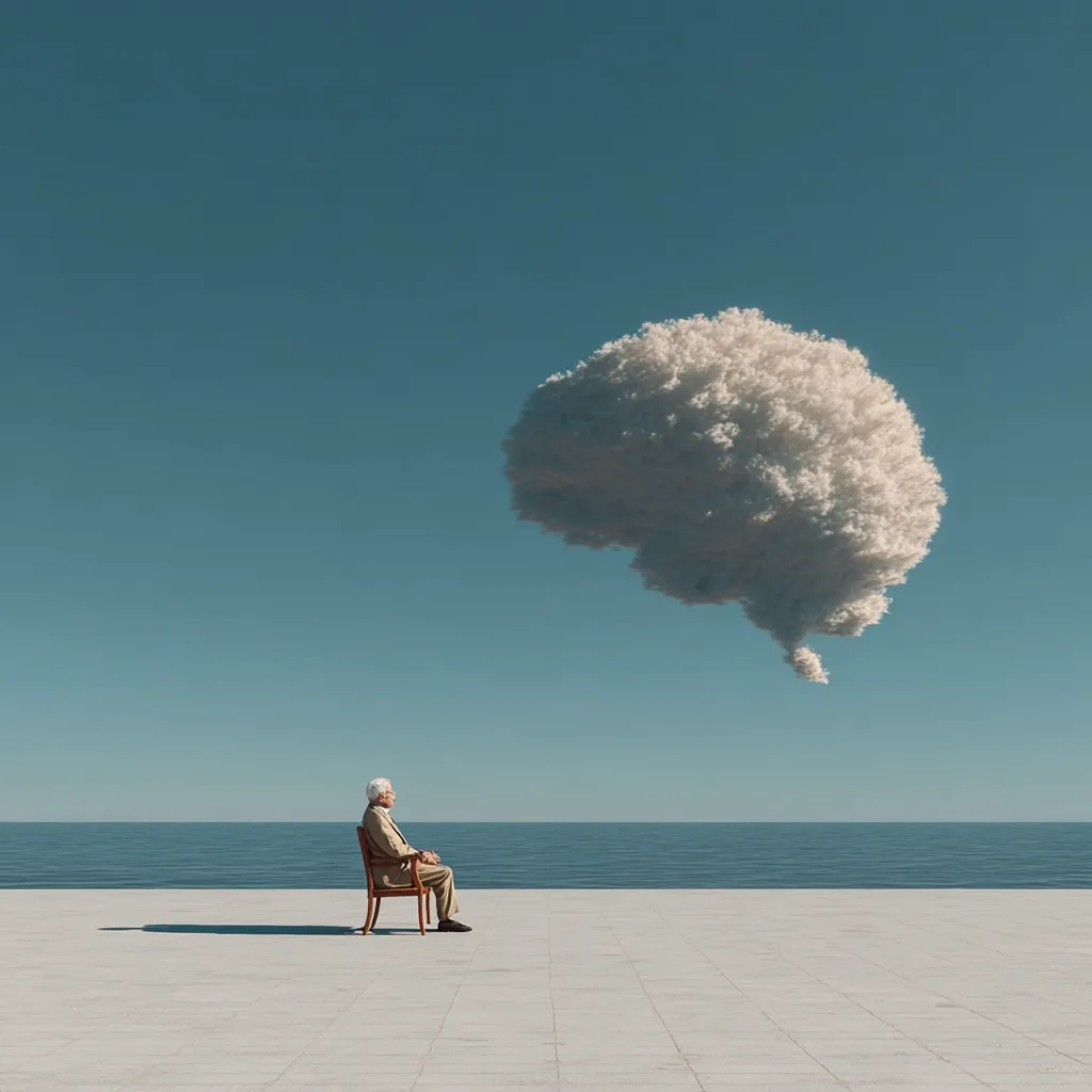An elderly man sits alone on a chair overlooking a calm ocean.  A large, brain-shaped cloud floats in the sky above him. The scene evokes a sense of contemplation, memory, or the passage of time.  The juxtaposition of the man and the cloud suggests introspection and the vastness of thought.  The overall mood is serene yet subtly melancholic.