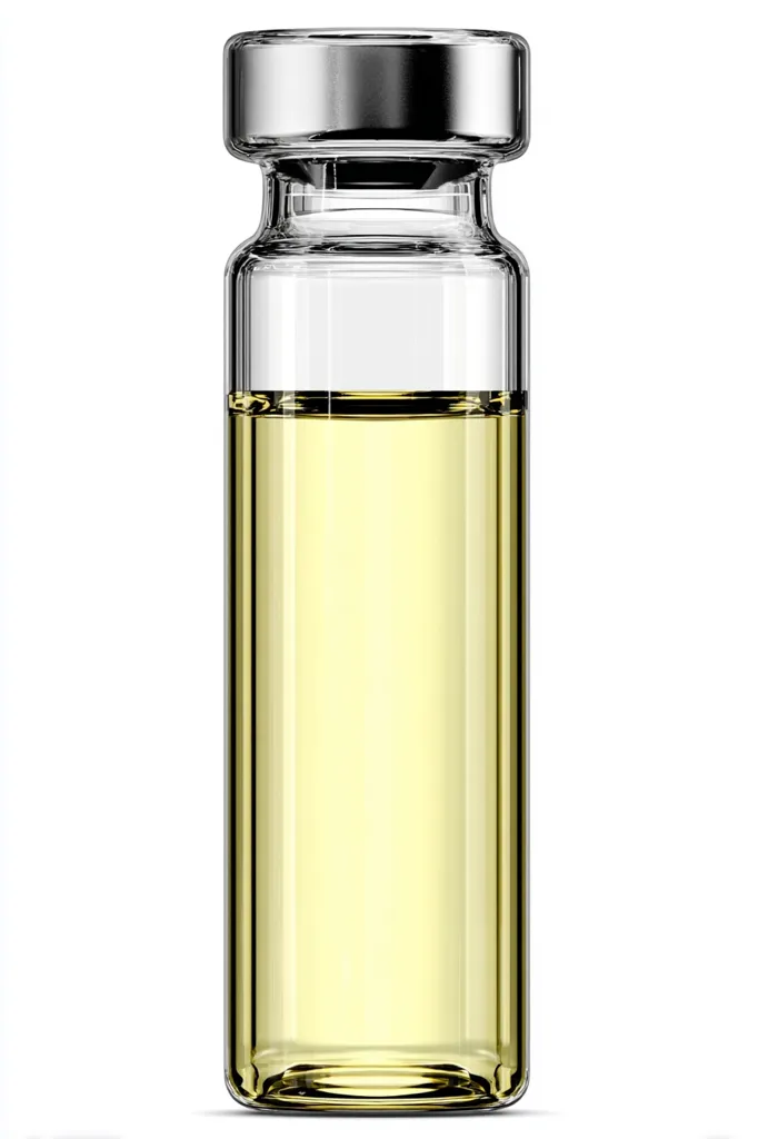A clear glass vial with a silver flip-top cap is partially filled with a pale yellow liquid.  The vial is cylindrical and stands upright against a white background. The liquid is translucent and shows a slight curve at the surface.  The image is clean and professionally lit, suggesting a product shot for pharmaceuticals or cosmetics.