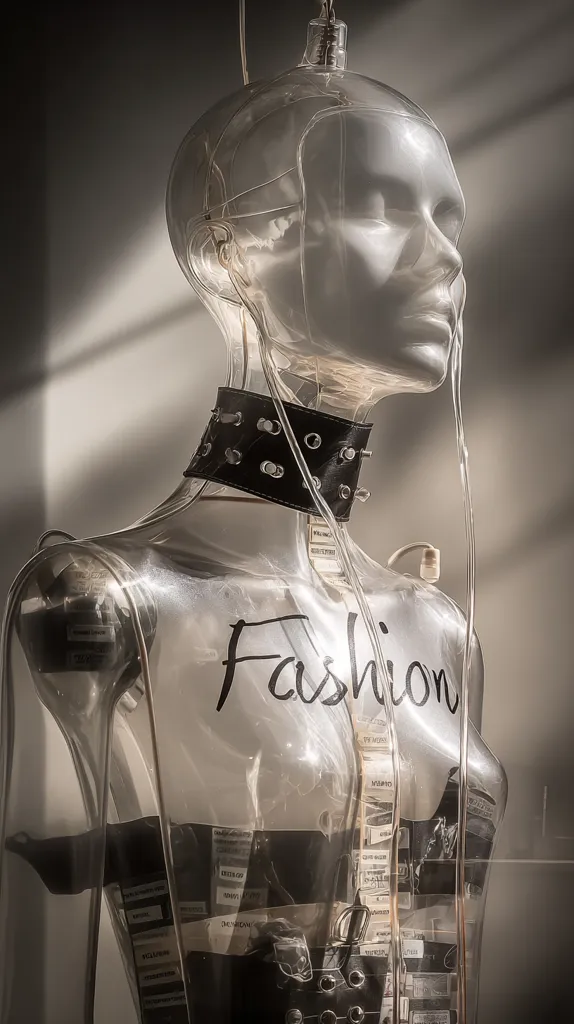 A transparent mannequin, seemingly made of glass or plastic, is adorned with a black choker and price tags. The word "Fashion" is written on its torso.  The mannequin is connected to thin tubes, suggesting a conceptual art piece exploring the themes of fashion, consumerism, and the body. Sunlight streams through the transparent form, casting shadows and highlighting its delicate structure.