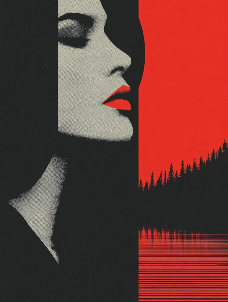 A stylized portrait of a woman's face, partially obscured by shadow, is juxtaposed against a vibrant red landscape.  Her eyes are closed, and she wears bold red lipstick.  A dark, silhouetted forest and a red-hued lake are visible in the background, creating a stark and dramatic contrast. The overall style is reminiscent of graphic art or a movie poster.