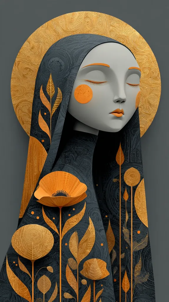 A stylized illustration depicts a serene woman, veiled in dark fabric adorned with gold floral patterns.  Her eyes are closed, and orange accents on her face and the flowers complement the gold halo. The overall aesthetic blends Art Nouveau influences with a modern digital style, creating a peaceful and elegant image.  The dark and gold color palette is rich and visually striking.