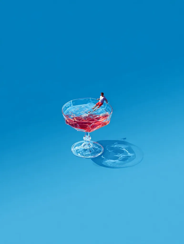 A miniature man relaxes in a large cocktail glass filled with a red liquid.  The glass sits on a vibrant blue surface, casting a shadow.  The scene is surreal and playful, contrasting the scale of the man with the oversized glass. The image's simple composition and bold colors create a striking visual.