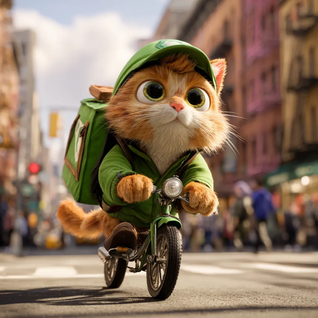 A cute, orange cartoon cat, wearing a green jacket and helmet, rides a small bicycle down a city street.  A green delivery bag is strapped to its back.  The cat's large eyes and expression are endearing, suggesting a busy but happy delivery mission. The background is slightly blurred, focusing attention on the charming feline courier.