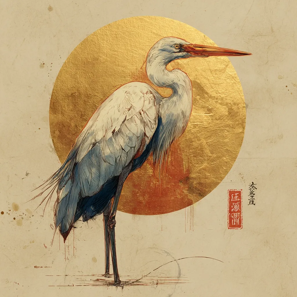 A detailed illustration depicts a great egret standing against a large, gold circular backdrop.  The bird's plumage is rendered with meticulous detail, showcasing a blend of blues and whites.  The style is reminiscent of Eastern art, with subtle texturing and a muted color palette that contrasts with the vibrant gold.  The overall effect is one of serene beauty and artistic mastery.
