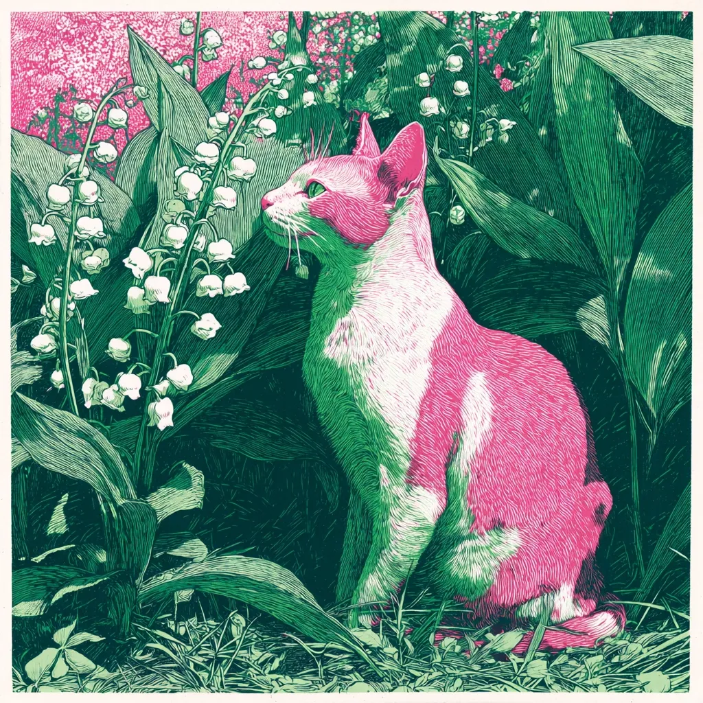 A pink and white cat sits amidst a lush garden of lily of the valley.  The cat is rendered in a stylized, almost woodcut-like manner, with bold lines and contrasting colors.  The deep green foliage and delicate white flowers create a vibrant backdrop, highlighting the cat's striking pink fur. The overall effect is a sophisticated and slightly whimsical depiction of a feline in a natural setting.