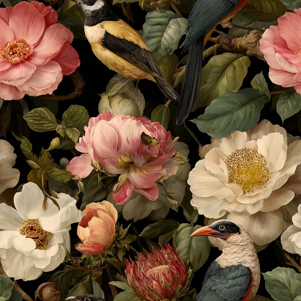 A lush, dark background features a vibrant array of flowers, including roses, peonies, and a protea.  Two colorful birds, a yellow and black bird and a teal and grey bird, are perched amongst the blossoms.  The overall style is reminiscent of botanical illustrations, with meticulous detail and rich colors.  A small insect is visible on one of the flowers, adding to the intricate composition.