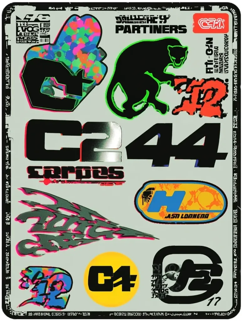 A collage of various graphic designs features a diverse range of styles.  Bold lettering, including "C244" and "CARPES," are prominent.  A panther illustration adds a touch of wildlife imagery.  Other elements include abstract shapes, logos, and numbers, creating a vibrant and eclectic mix.  The overall aesthetic is bold and graphic, possibly relating to streetwear or skateboarding culture.