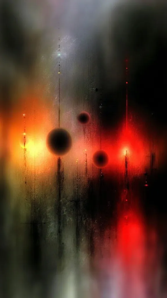 An abstract digital artwork features dark, blurry orbs suspended in a hazy, atmospheric space.  Vertical streaks of light, primarily red and orange on the right, and muted yellow and white on the left, create a sense of depth and movement.  The overall mood is moody and mysterious, with a blend of dark and vibrant colors. The background suggests a textured, possibly metallic, surface.
