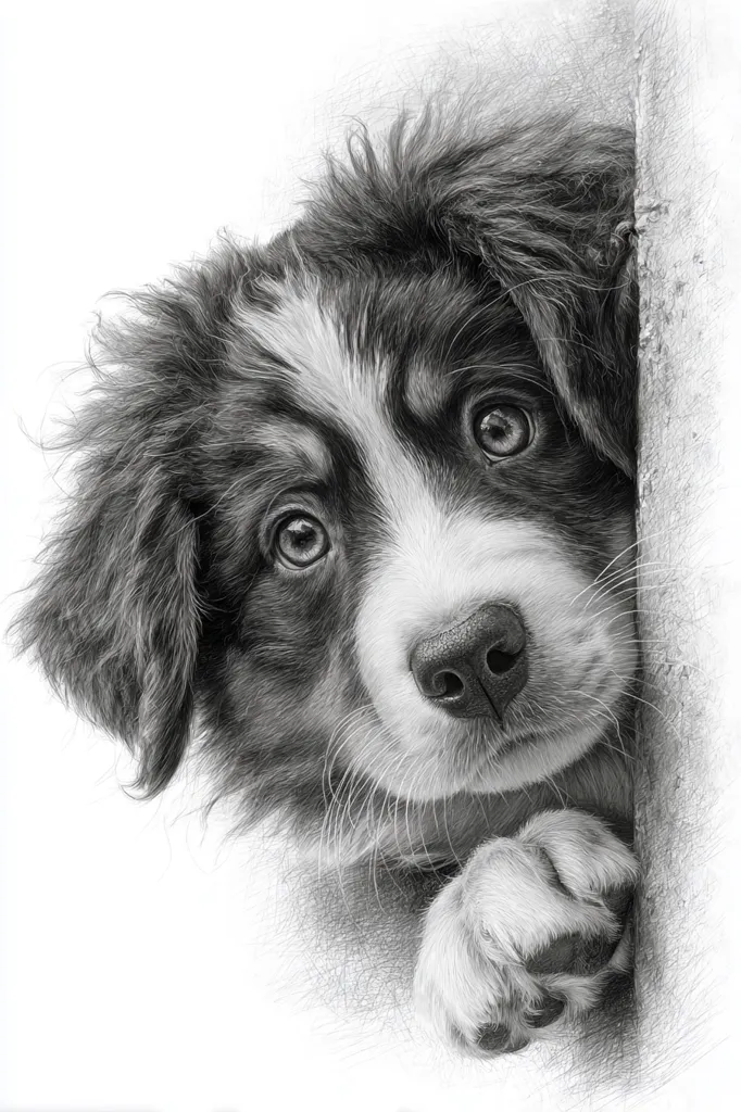 A stunning grayscale pencil drawing showcases a border collie puppy peeking from behind a wall.  The artist masterfully captures the puppy's fluffy fur, expressive eyes, and delicate paws. The detail in the fur and the puppy's curious gaze create a captivating and heartwarming image. The contrast between the dark fur and the light background emphasizes the puppy's features, creating a realistic portrayal.