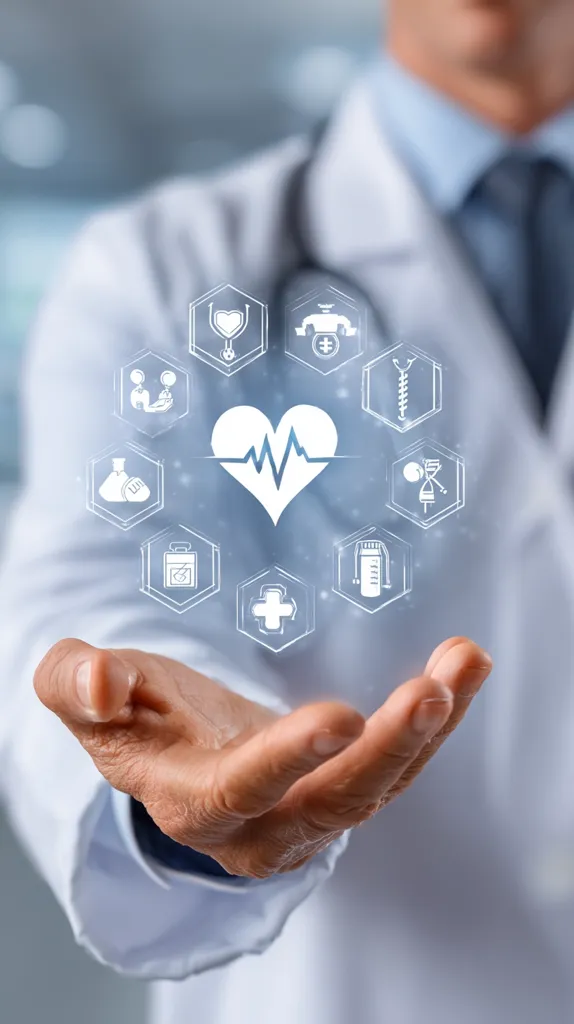 A doctor in a white coat presents a holographic display showcasing various medical icons.  The central image is a heart with a heartbeat line, surrounded by symbols representing healthcare services like medical tests, pharmacy, and patient care. The image suggests modern healthcare technology and integrated medical services.