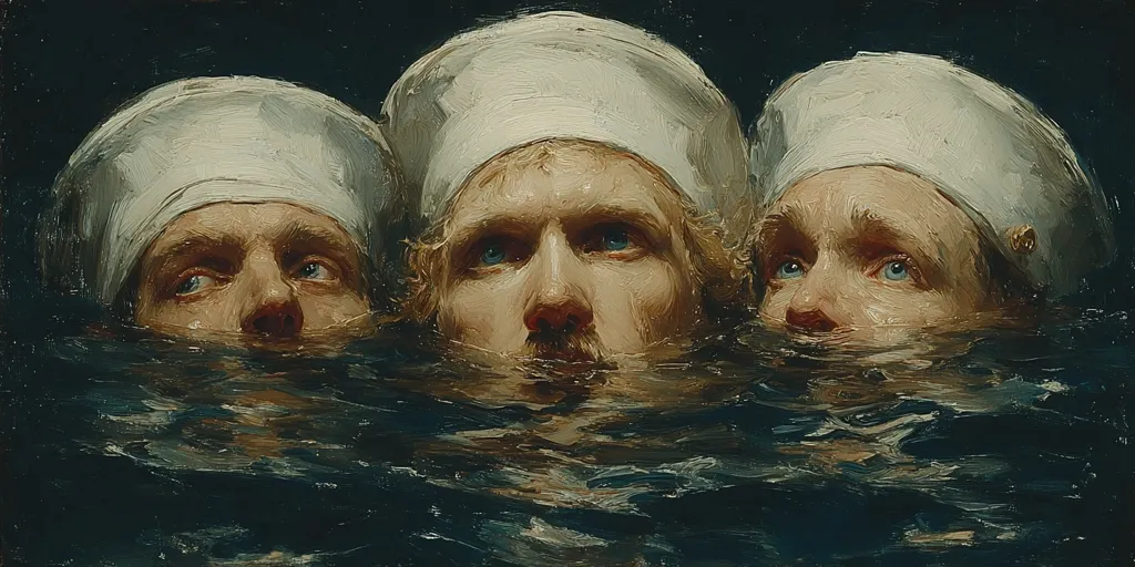 The painting depicts three men's heads submerged in dark water, only their faces and white caps visible.  Their expressions are solemn and their eyes meet the viewer's gaze. The rough brushstrokes convey a sense of struggle and despair, the dark water suggesting danger and immersion. The overall mood is one of mystery and potential tragedy.