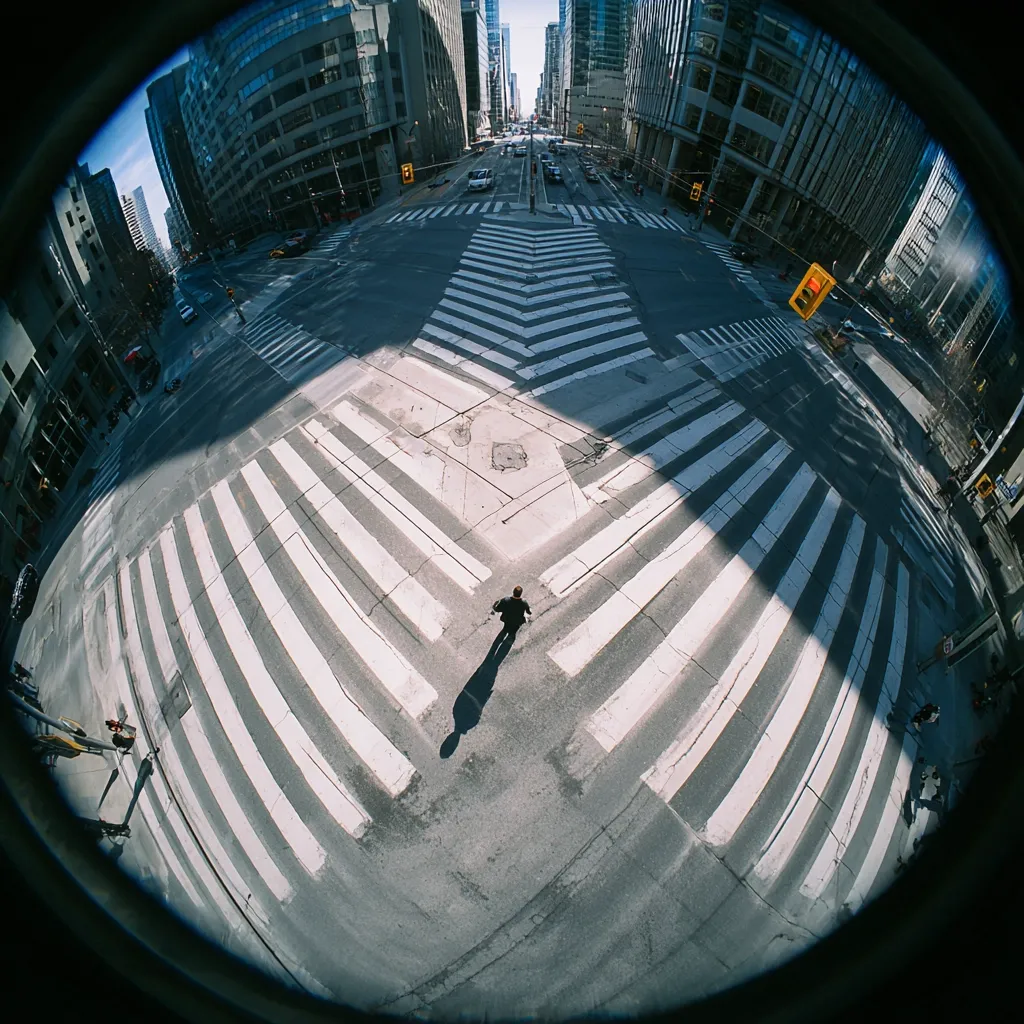 A fisheye lens captures a person standing in the center of a complex city intersection.  The image shows a bird's-eye view of a large crosswalk pattern on a city street, surrounded by tall buildings.  The scene is sparsely populated with few vehicles visible.  The strong sunlight casts shadows across the pavement, emphasizing the geometric design of the crosswalks.