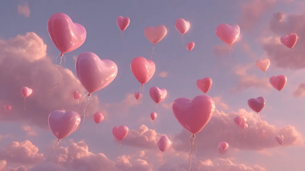 Numerous heart-shaped pink balloons drift against a pastel sky.  Soft, fluffy clouds fill the background, creating a dreamy, romantic atmosphere.  The balloons vary slightly in shade and size, adding depth to the image.  The overall impression is one of lightness, love, and whimsical beauty.