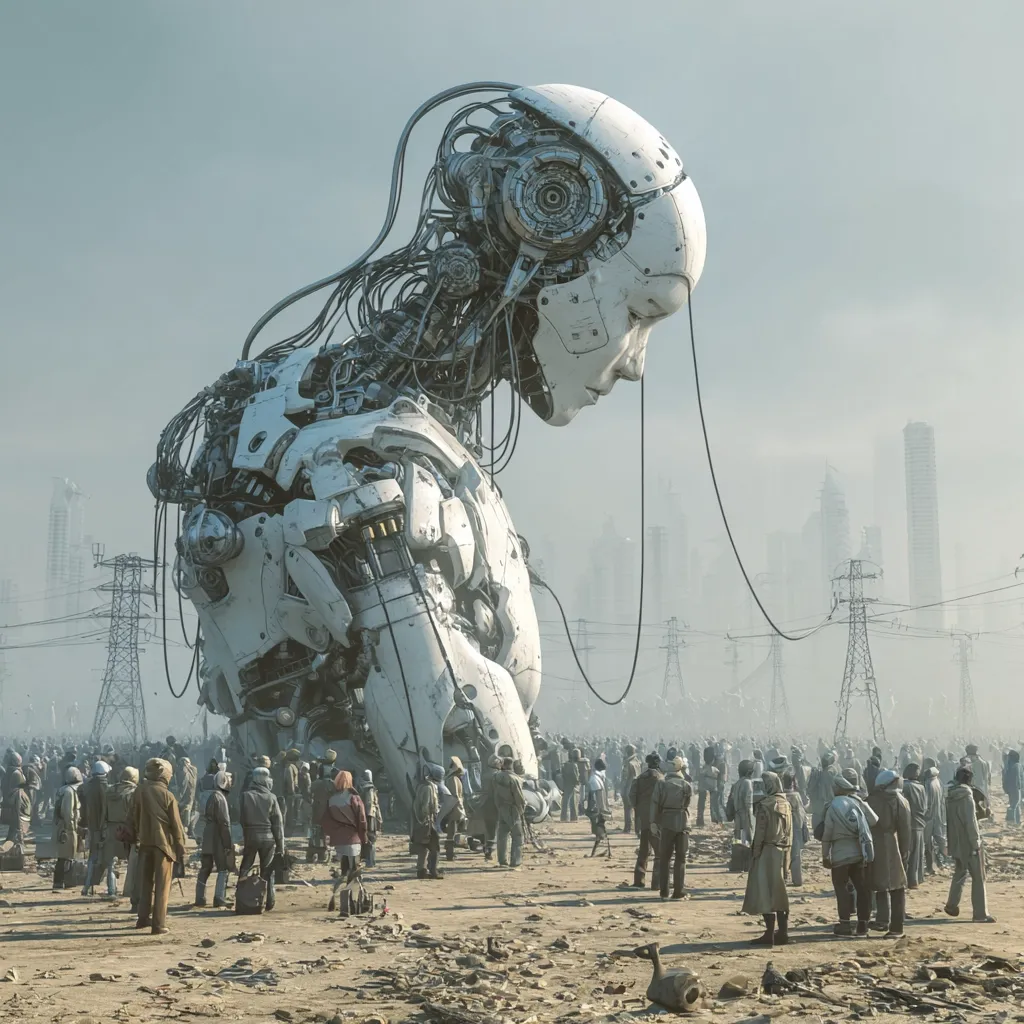 A colossal, weathered white robot, its intricate mechanical structure exposed, stands bowed over a large crowd of people in a desolate, post-apocalyptic landscape.  The robot's head is humanoid, and its wires sprawl across the scene.  A city skyline in the background is hazy and indistinct, suggesting a destroyed or abandoned metropolis. The overall mood is one of somber contemplation and societal vulnerability.