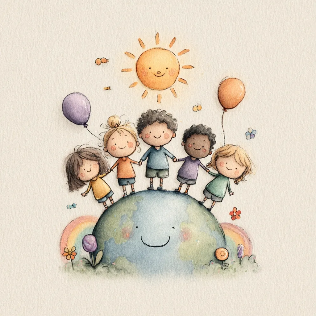 A watercolor illustration depicts five children of diverse ethnicities standing hand-in-hand atop a smiling Earth.  They are surrounded by a cheerful sun, colorful balloons, flowers, and a rainbow.  The scene conveys a message of unity, diversity, and global friendship, celebrating childhood and the planet's beauty. The style is whimsical and heartwarming.