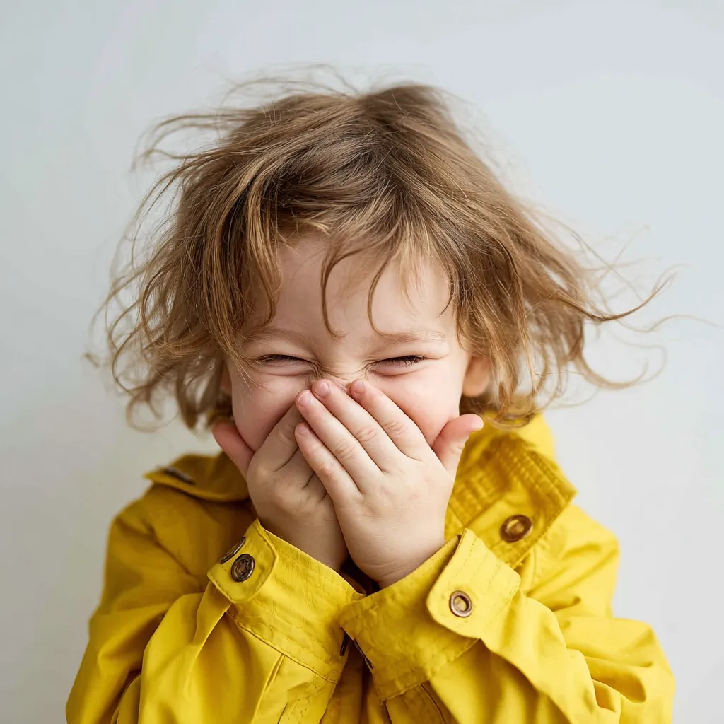 A toddler with messy, light brown hair giggles uncontrollably, covering their mouth with both hands.  They are wearing a bright yellow raincoat, the buttons clearly visible. The child's joyful expression and the bright color of their coat create a cheerful, heartwarming image.