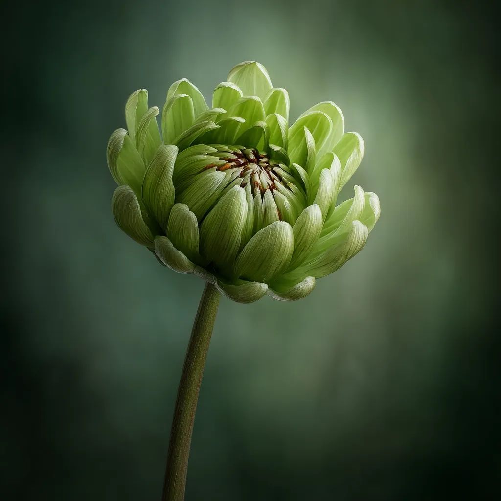 A close-up shot showcases a single, unopened green flower, possibly a dahlia or similar variety, against a softly blurred dark green background.  The flower's tightly furled petals are a vibrant, light green, contrasting beautifully with the darker tones of its center and the backdrop. The stem is slender and extends gracefully from the base of the bloom. The overall effect is one of serene beauty and understated elegance.