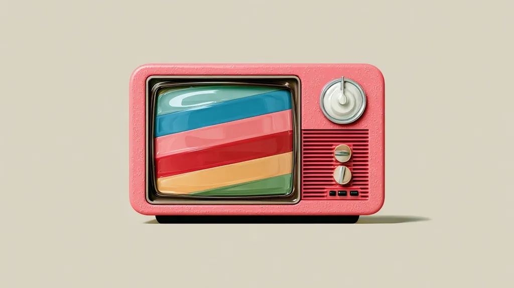 A retro-styled pink television set is presented against a light beige background.  The screen displays a colorful, multi-striped test pattern reminiscent of vintage television broadcasts.  The television features a classic design with a round tuning knob and small control buttons, enhancing its nostalgic appeal.  The image is clean and simple, focusing on the aesthetic of the vintage TV.