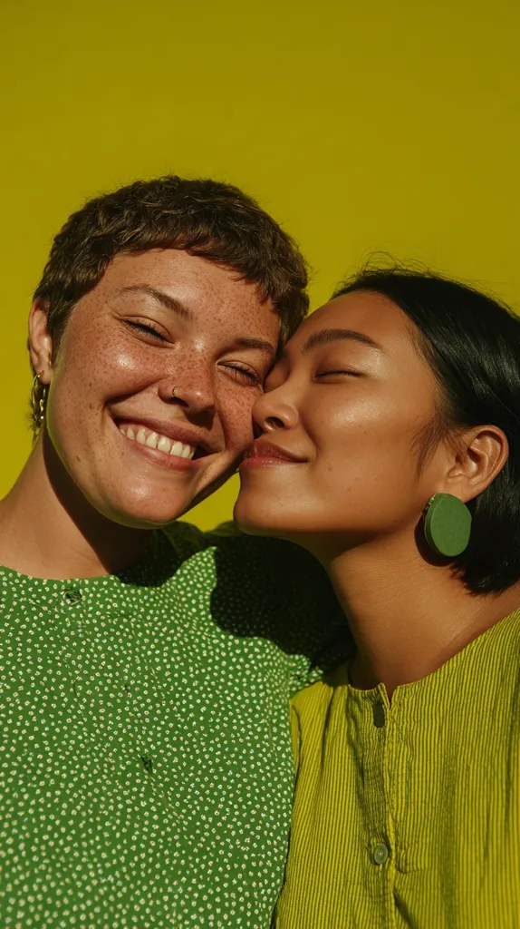 Two young women with short hair embrace against a vibrant yellow background.  The woman on the left wears a green, dotted shirt, smiling brightly. The woman on the right, wearing a lime green shirt, rests her head on the other's shoulder, eyes closed in contentment.  Both women wear simple green earrings. The scene is warm, intimate, and joyful.