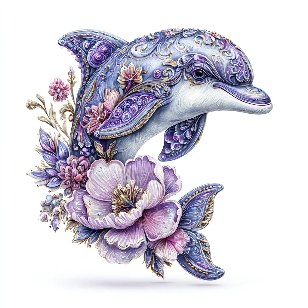 A digitally painted illustration showcases a dolphin adorned with intricate, ornate designs in shades of purple, blue, and gold.  The dolphin appears sculpted, with floral embellishments mimicking porcelain or enamel work.  It is surrounded by a bouquet of stylized peonies and other flowers, creating a harmonious blend of marine life and botanical artistry. The overall style is elegant and fantastical.