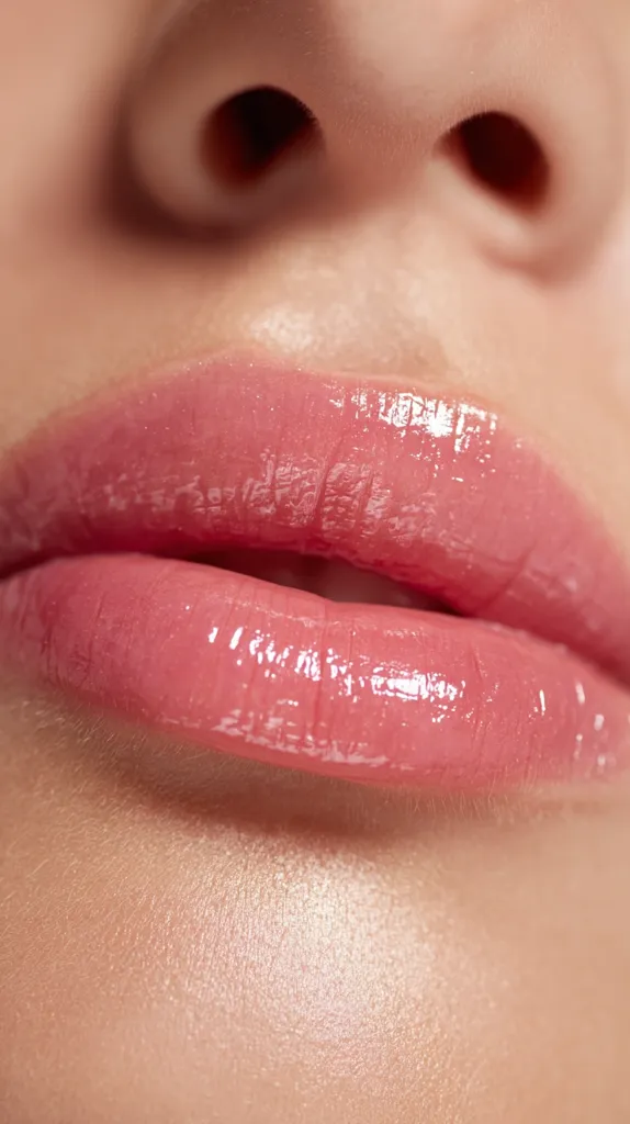 Close-up of a woman's lips wearing glossy, light pink lipstick.  The skin is smooth and subtly highlighted, creating a radiant and natural look. The focus is sharply on the lips, emphasizing the texture and shine of the lip gloss. The overall image is clean and aesthetically pleasing.