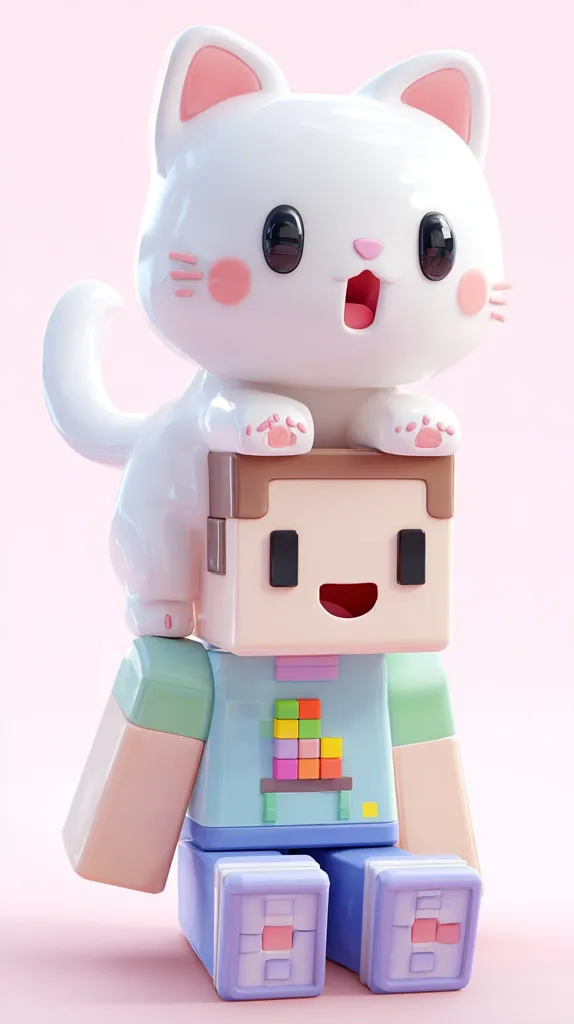 A cute, stylized 3D rendering shows a white kitten perched atop a pastel-colored blocky figure reminiscent of Minecraft characters.  The kitten has large, expressive eyes and rosy cheeks.  The figure below wears a light blue shirt with a colorful block pattern and pastel purple pants.  The overall aesthetic is soft, playful, and charming, set against a pink background.