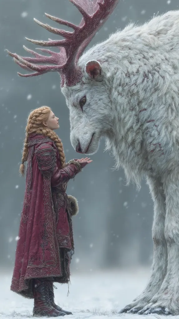 A young woman with long braided hair, wearing a burgundy cloak and dark boots, stands in a snowy forest. She faces a massive, white, furry creature resembling a moose or elk with large antlers.  Snow gently falls as the woman and the creature share a tender moment, their gazes meeting in peaceful connection. The scene is evocative of fantasy and fairytale.