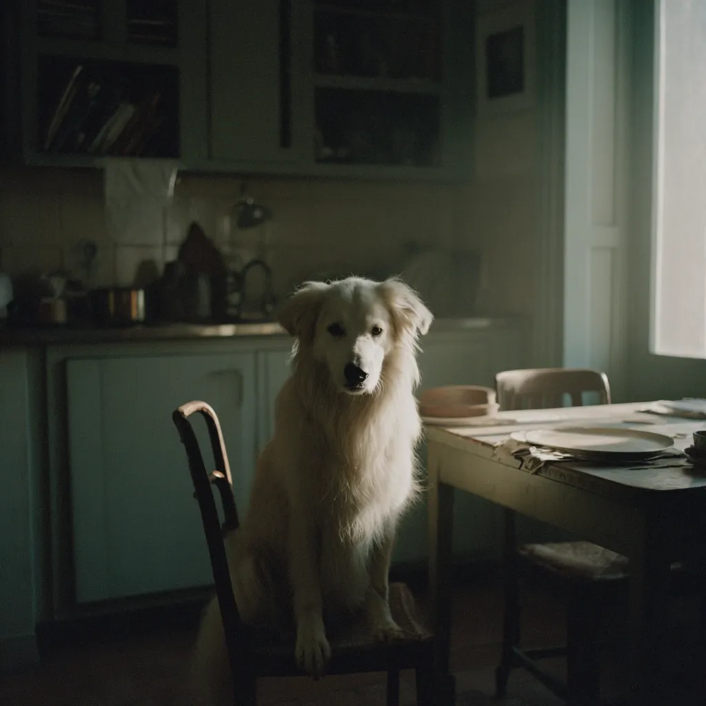 A fluffy white dog sits patiently on a wooden chair in a dimly lit kitchen.  The dog is centered in the frame, gazing directly ahead.  A rustic wooden table with dishes sits nearby, bathed in a soft light from a window. The overall mood is calm and serene, evoking a sense of quiet domesticity.  The kitchen's green cabinets and vintage style contribute to the image's nostalgic feel.
